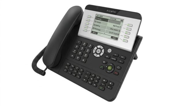 Alcatel 4039 Phone Téléphone de bureau IP Alcatel-Lucent 4039 de couleur noire, avec écran, clavier et combiné filaire, sur fond blanc.